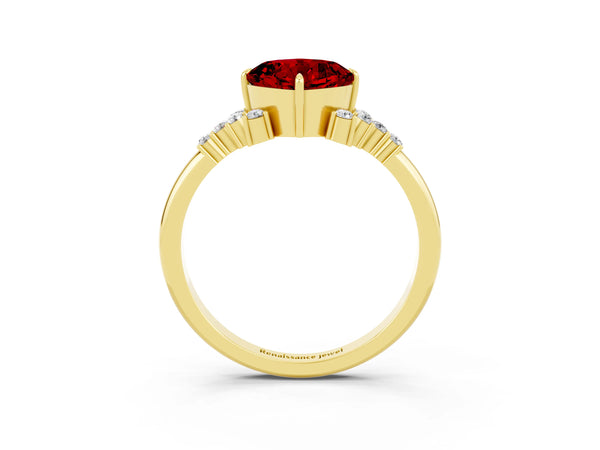 Yellow gold Cushion Cut Ruby Ring with Side Stones and Four-Prong Setting