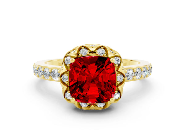 Yellow gold Cushion Cut Ruby Scalloped Halo Engagement Ring with Round Shared Prong Band