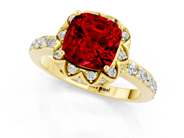 Yellow gold Cushion Cut Ruby Scalloped Halo Engagement Ring with Round Shared Prong Band