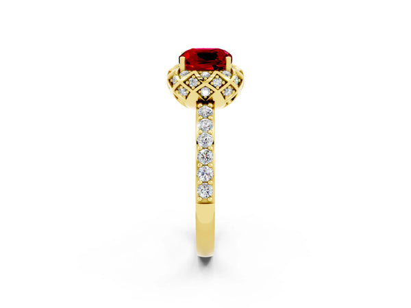 Yellow gold Cushion Cut Ruby Scalloped Halo Engagement Ring with Round Shared Prong Band