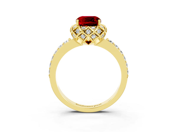 Yellow gold Cushion Cut Ruby Scalloped Halo Engagement Ring with Round Shared Prong Band