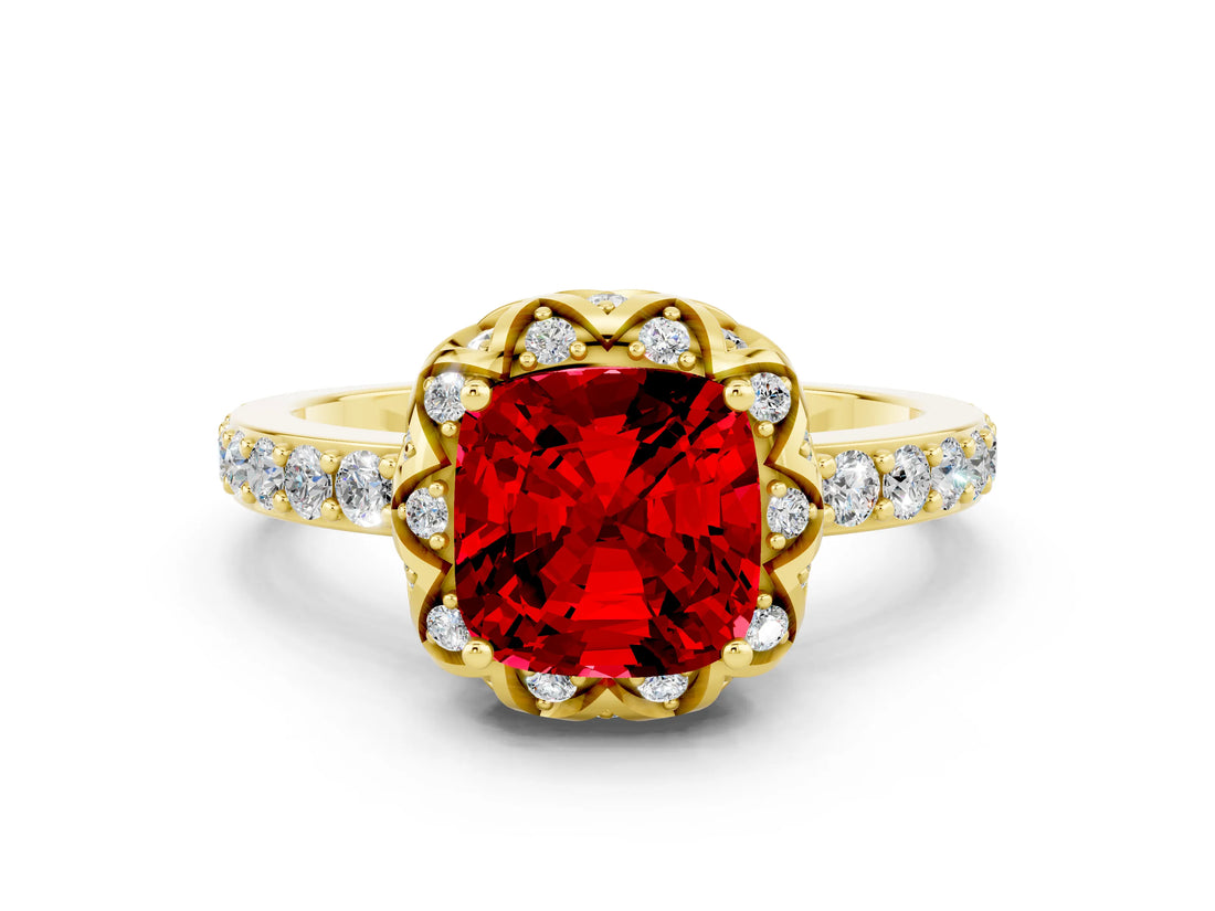 Yellow gold Cushion Cut Ruby Scalloped Halo Engagement Ring with Round Shared Prong Band_24