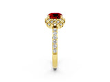 Yellow gold Cushion Cut Ruby Scalloped Halo Engagement Ring with Round Shared Prong Band_26