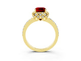 Yellow gold Cushion Cut Ruby Scalloped Halo Engagement Ring with Round Shared Prong Band_27