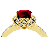 Yellow gold Cushion Cut Ruby Scalloped Halo Engagement Ring with Round Shared Prong Band_28