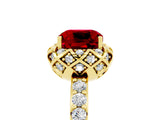 Yellow gold Cushion Cut Ruby Scalloped Halo Engagement Ring with Round Shared Prong Band_29