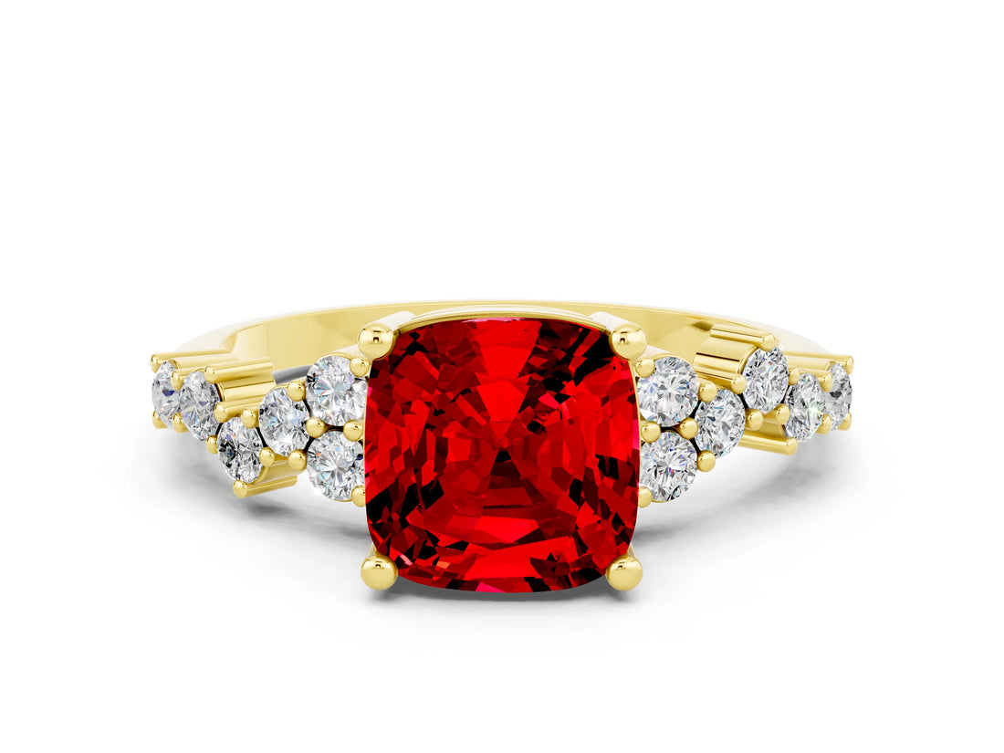 Yellow gold Cushion Cut Ruby Scattered Round Accent Ring with Prong Setting_24