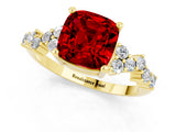 Yellow gold Cushion Cut Ruby Scattered Round Accent Ring with Prong Setting_25