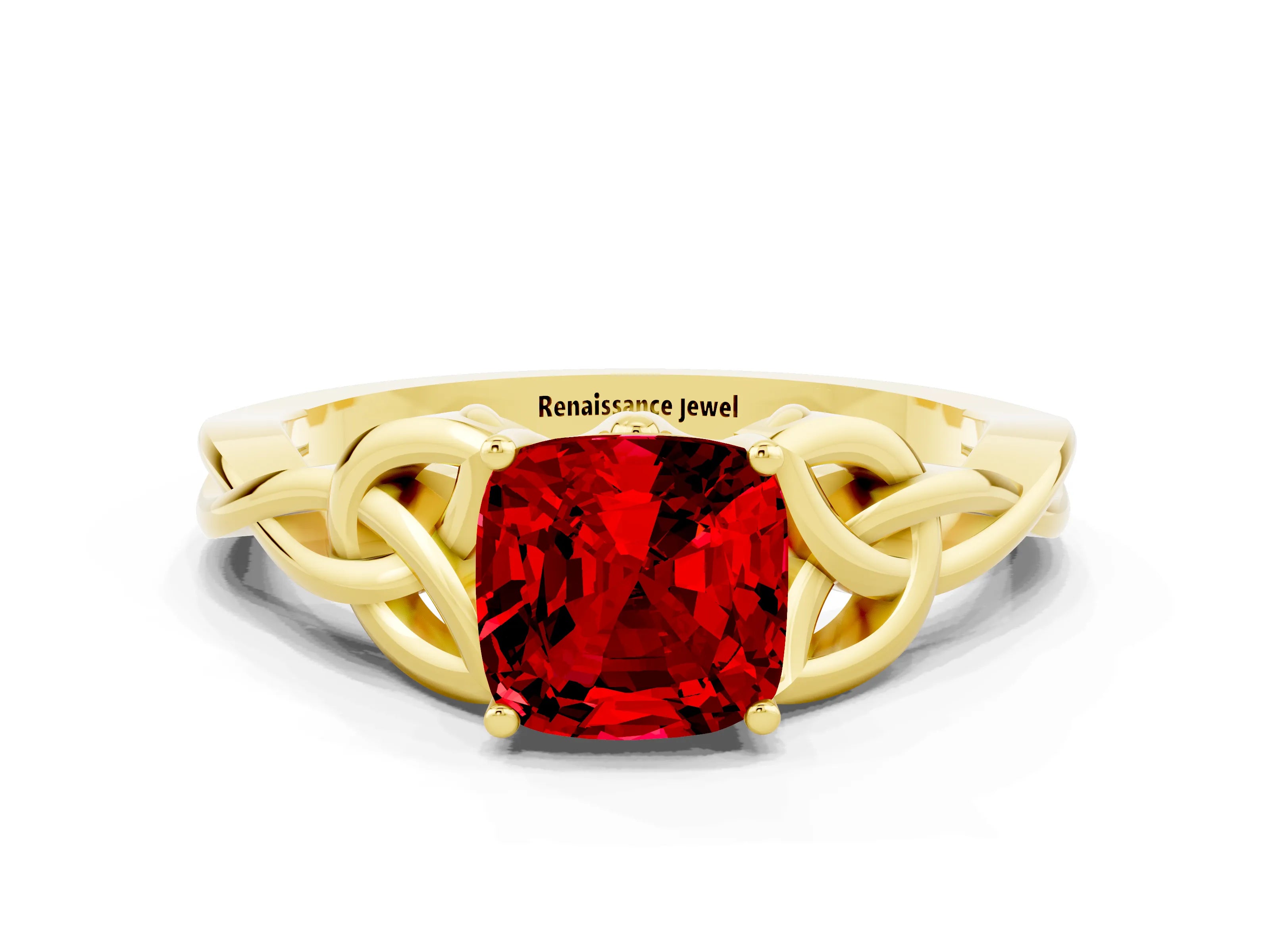 Yellow gold Cushion Cut Ruby Solitaire Celtic Knot Ring with Four-Prong Setting_12