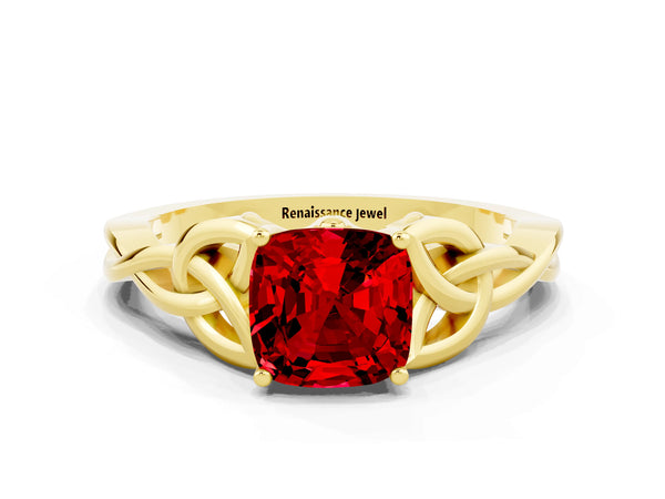 Yellow gold Cushion Cut Ruby Solitaire Celtic Knot Ring with Four-Prong Setting