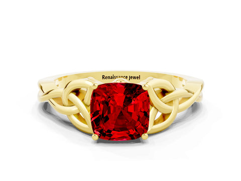 Yellow gold Cushion Cut Ruby Solitaire Celtic Knot Ring with Four-Prong Setting_12