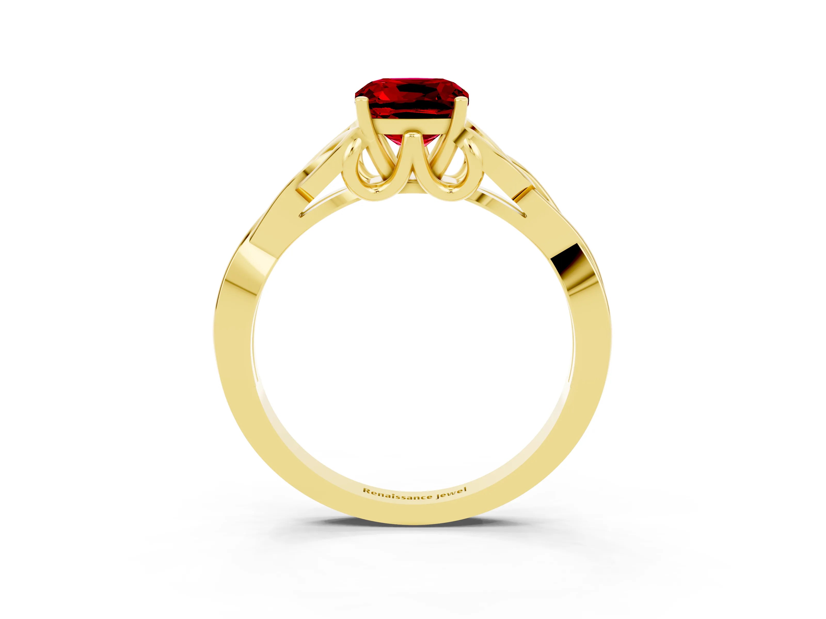 Yellow gold Cushion Cut Ruby Solitaire Celtic Knot Ring with Four-Prong Setting_15