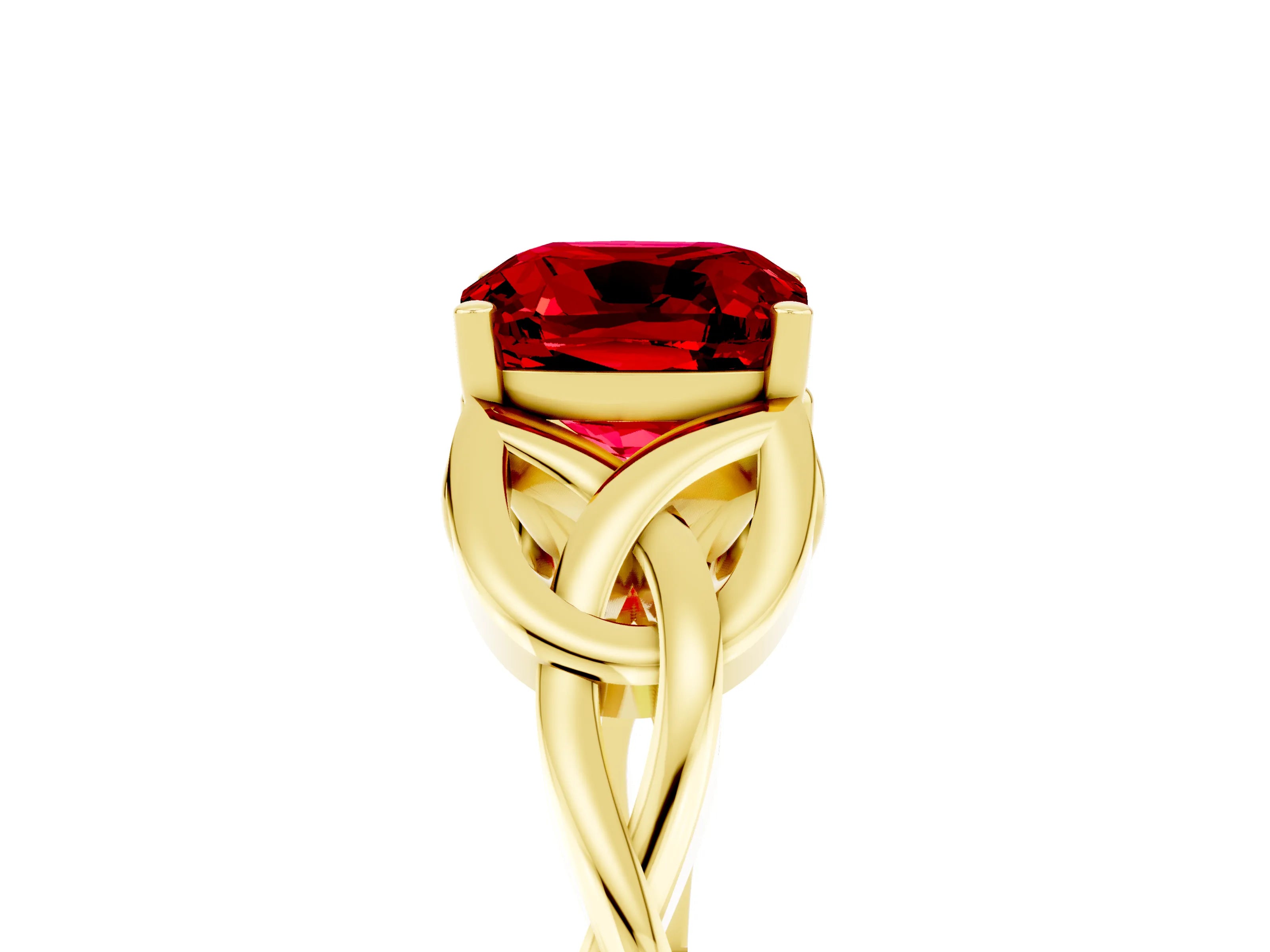Yellow gold Cushion Cut Ruby Solitaire Celtic Knot Ring with Four-Prong Setting_17