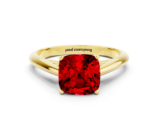 Yellow gold Cushion Cut Ruby Solitaire Engagement Ring with Cathedral Setting and Four-Prong Mount