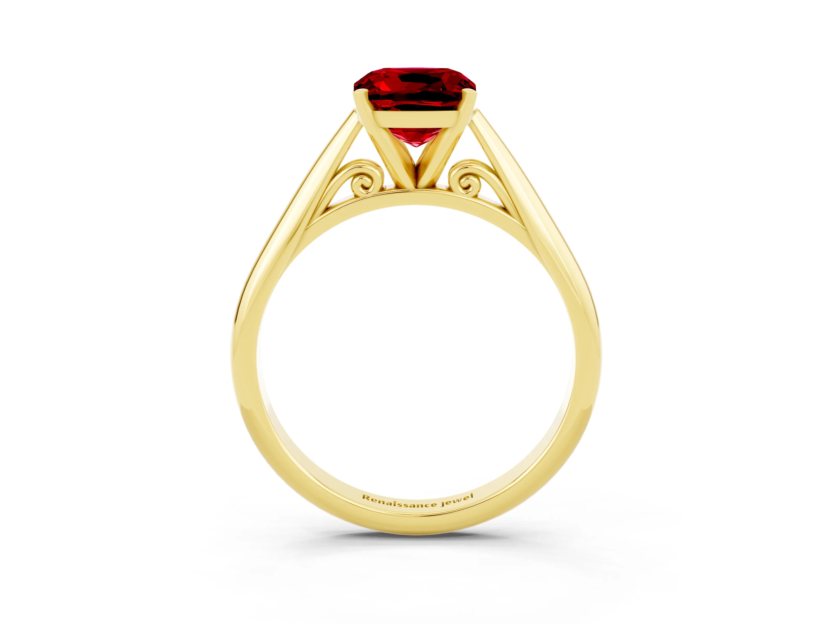 Yellow gold Cushion Cut Ruby Solitaire Engagement Ring with Cathedral Setting and Four-Prong Mount_15