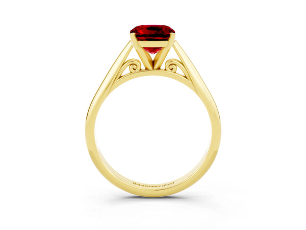 Yellow gold Cushion Cut Ruby Solitaire Engagement Ring with Cathedral Setting and Four-Prong Mount