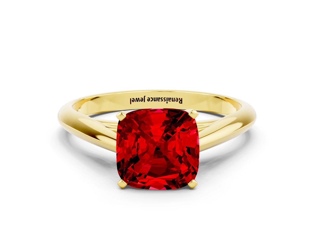 Yellow gold Cushion Cut Ruby Solitaire Engagement Ring with Cathedral Setting and Four-Prong Mount_30