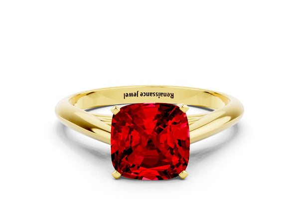 Yellow gold Cushion Cut Ruby Solitaire Engagement Ring with Cathedral Setting and Four-Prong Mount