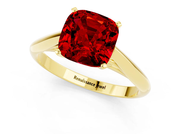 Yellow gold Cushion Cut Ruby Solitaire Engagement Ring with Cathedral Setting and Four-Prong Mount