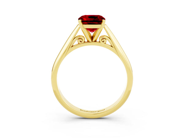 Yellow gold Cushion Cut Ruby Solitaire Engagement Ring with Cathedral Setting and Four-Prong Mount