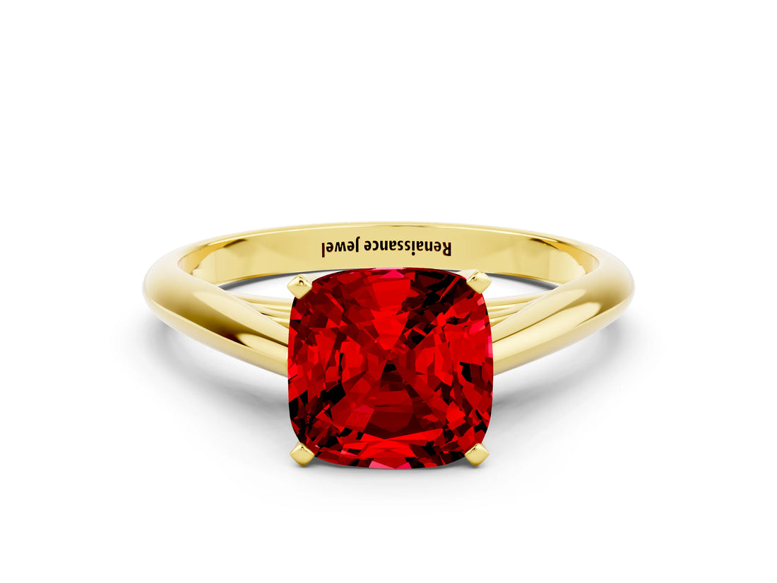 Yellow gold Cushion Cut Ruby Solitaire Engagement Ring with Cathedral Setting and Four-Prong Mount_66