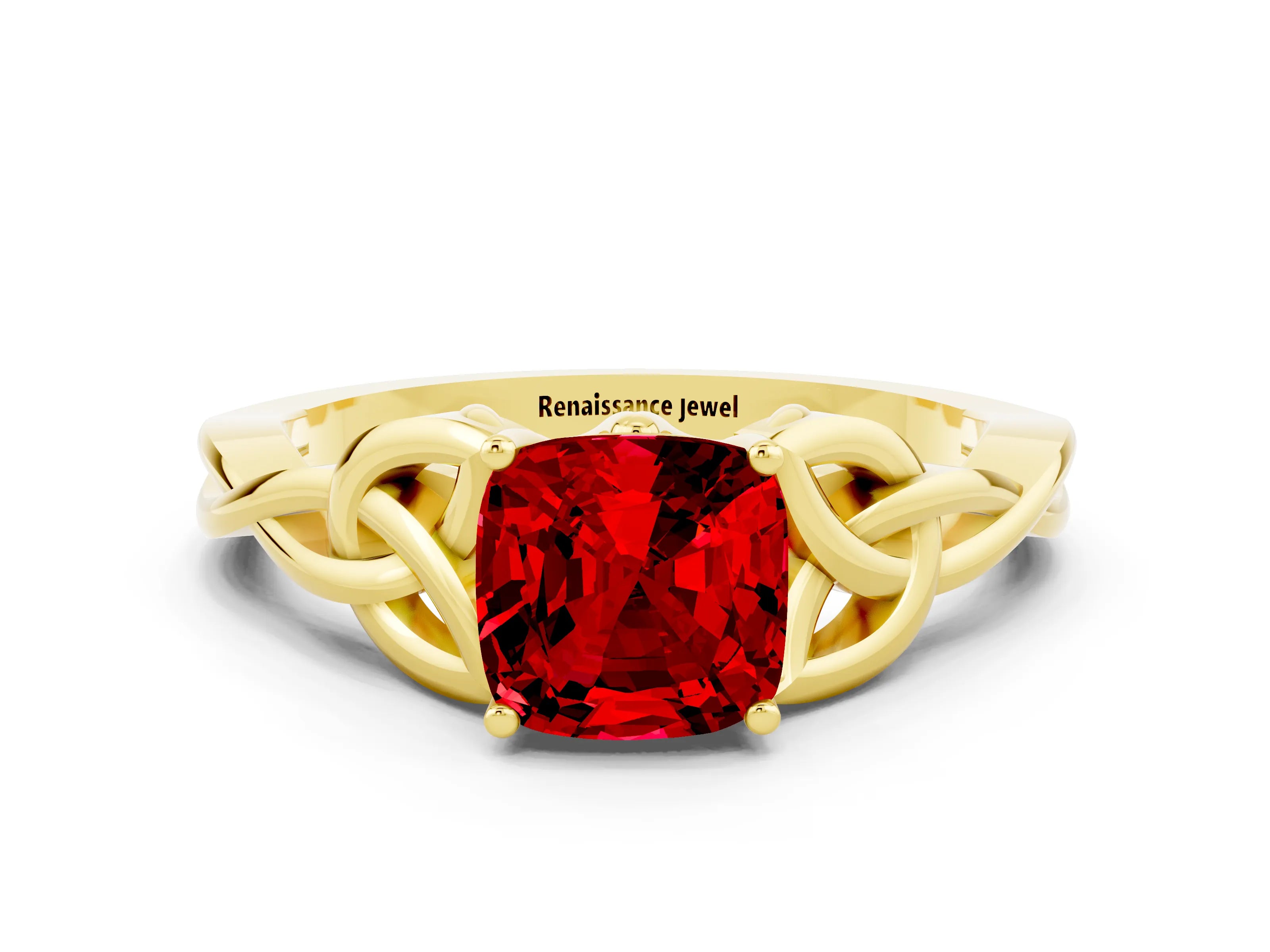 Yellow gold Cushion Cut Ruby Solitaire Engagement Ring with Celtic Knot Band and Four-Prong Setting