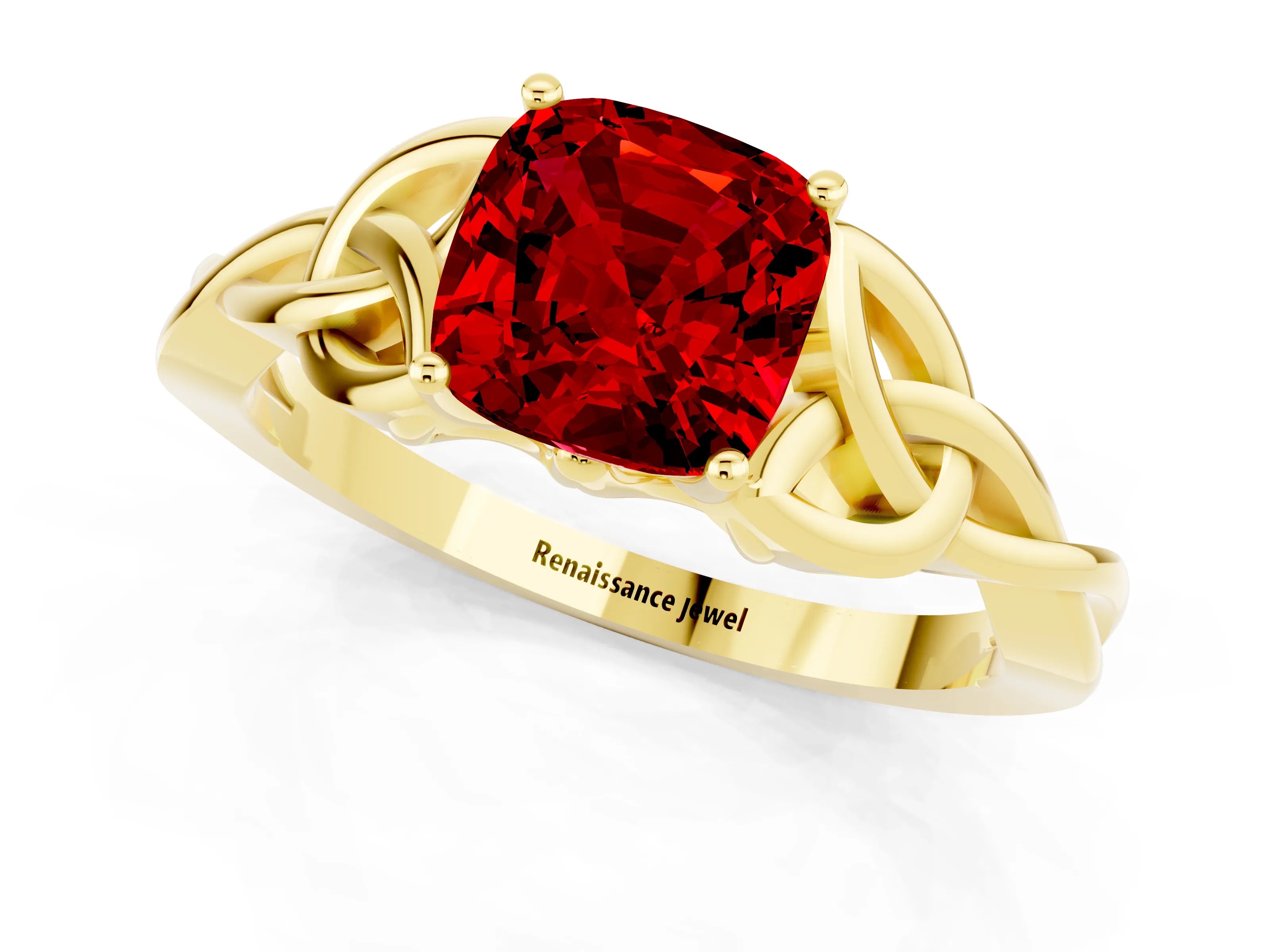Yellow gold Cushion Cut Ruby Solitaire Engagement Ring with Celtic Knot Band and Four-Prong Setting_1