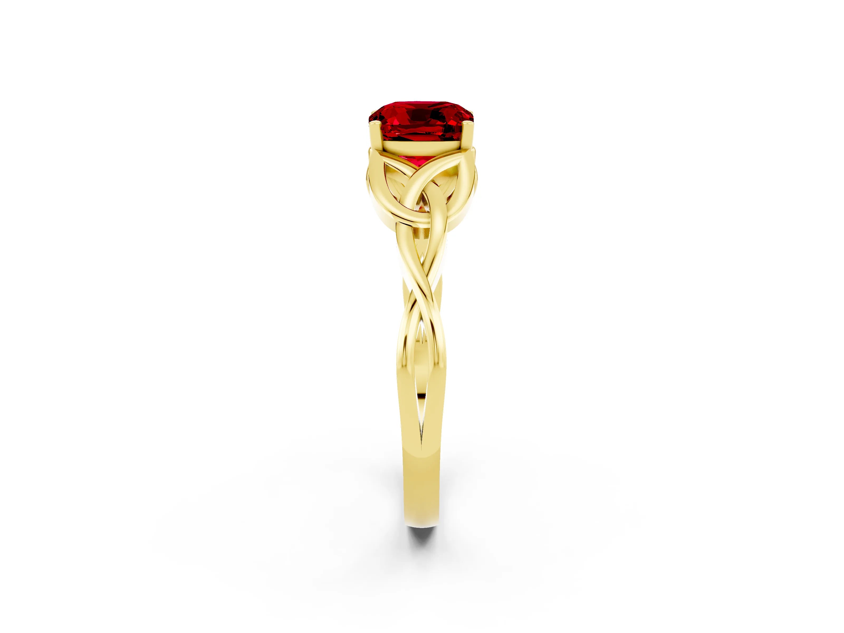 Yellow gold Cushion Cut Ruby Solitaire Engagement Ring with Celtic Knot Band and Four-Prong Setting_2