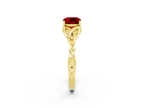 Yellow gold Cushion Cut Ruby Solitaire Engagement Ring with Celtic Knot Band and Four-Prong Setting