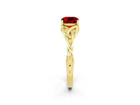 Yellow gold Cushion Cut Ruby Solitaire Engagement Ring with Celtic Knot Band and Four-Prong Setting_2