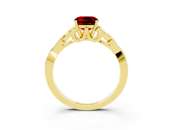 Yellow gold Cushion Cut Ruby Solitaire Engagement Ring with Celtic Knot Band and Four-Prong Setting