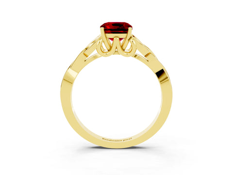 Yellow gold Cushion Cut Ruby Solitaire Engagement Ring with Celtic Knot Band and Four-Prong Setting_3