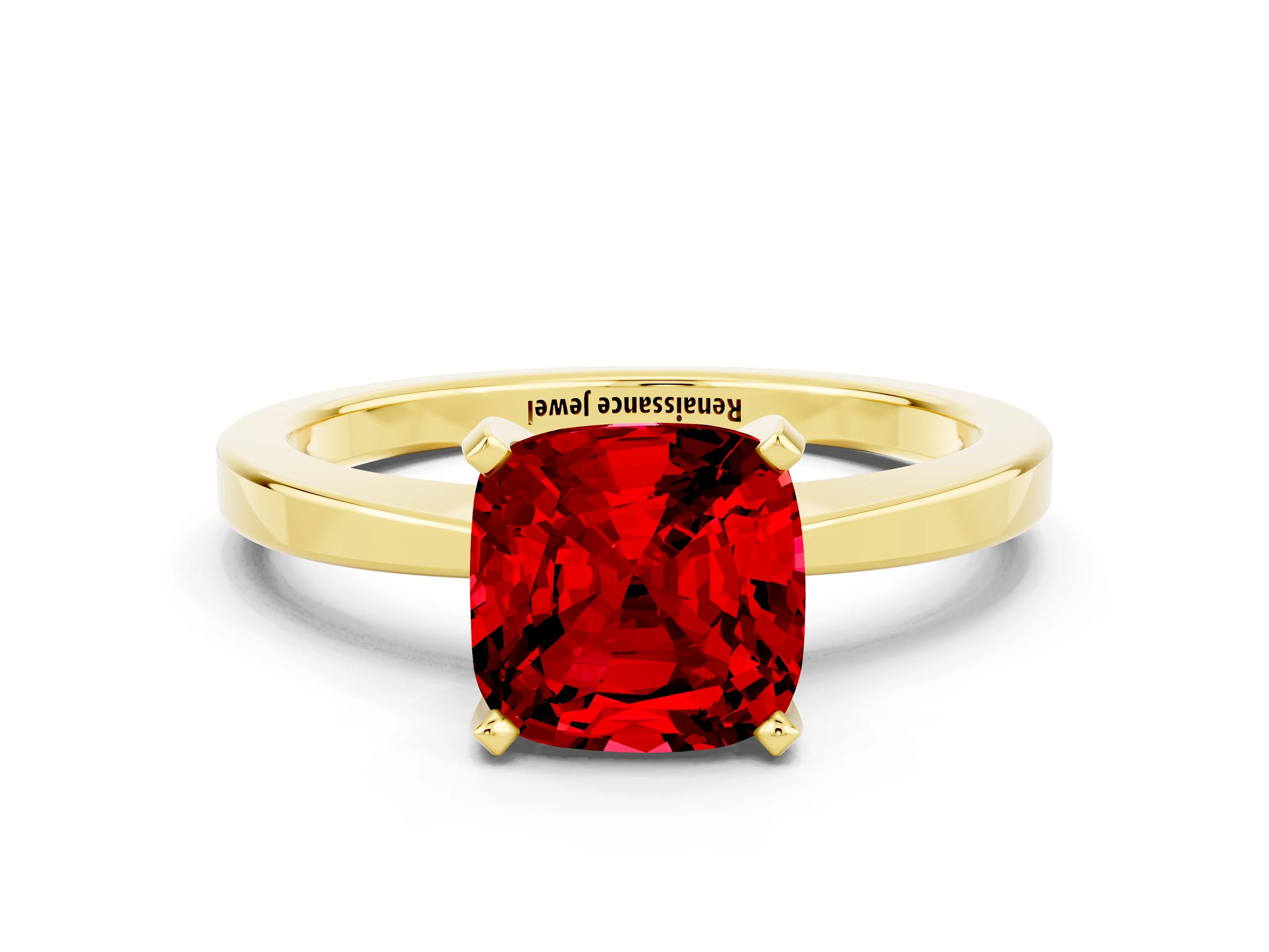 Yellow gold Cushion Cut Ruby Solitaire Engagement Ring with Classic Band and Four-Prong Setting_24