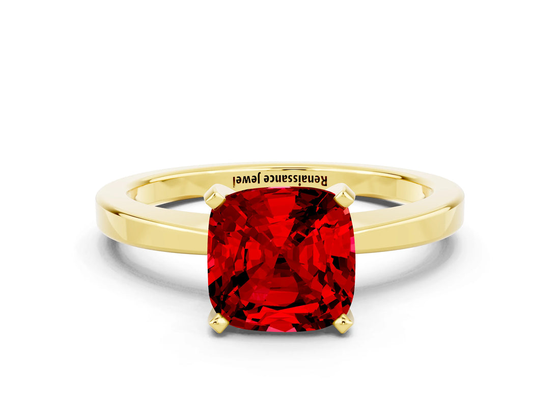 Yellow gold Cushion Cut Ruby Solitaire Engagement Ring with Classic Band and Four-Prong Setting_24