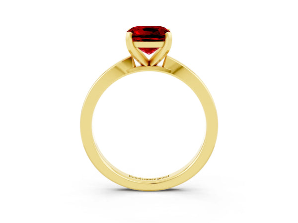 Yellow gold Cushion Cut Ruby Solitaire Engagement Ring with Classic Band and Four-Prong Setting