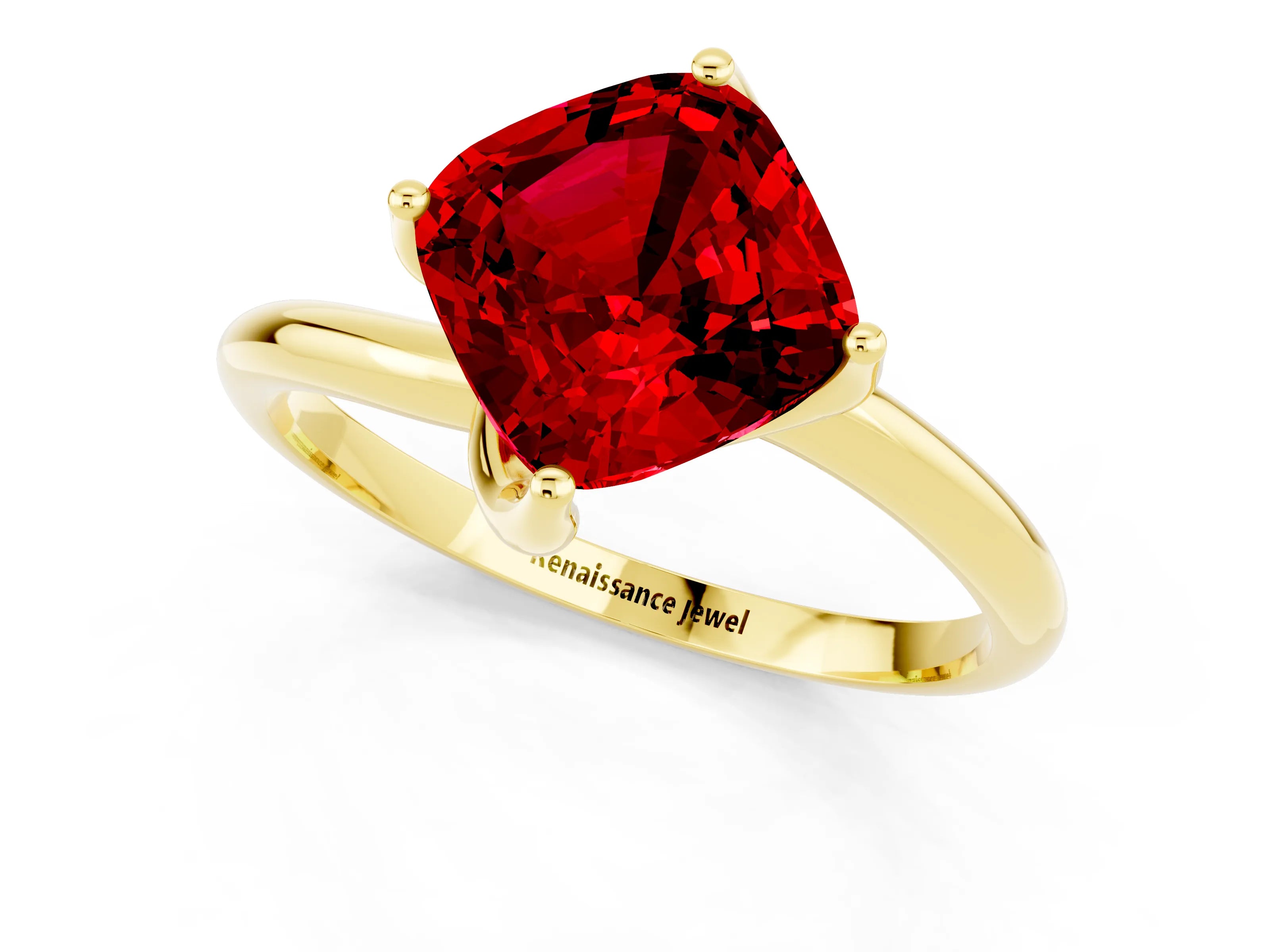 Yellow gold Cushion Cut Ruby Solitaire Engagement Ring with Four-Prong Setting and Classic Band_13