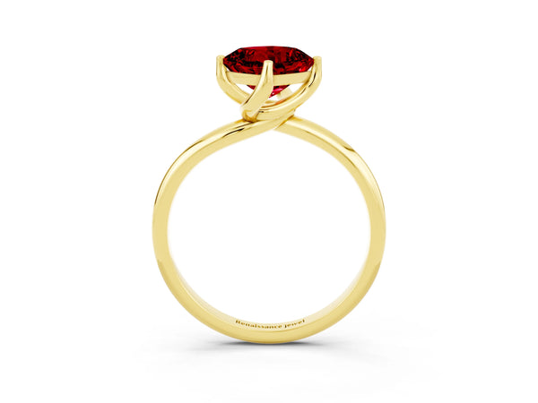 Yellow gold Cushion Cut Ruby Solitaire Engagement Ring with Four-Prong Setting and Classic Band