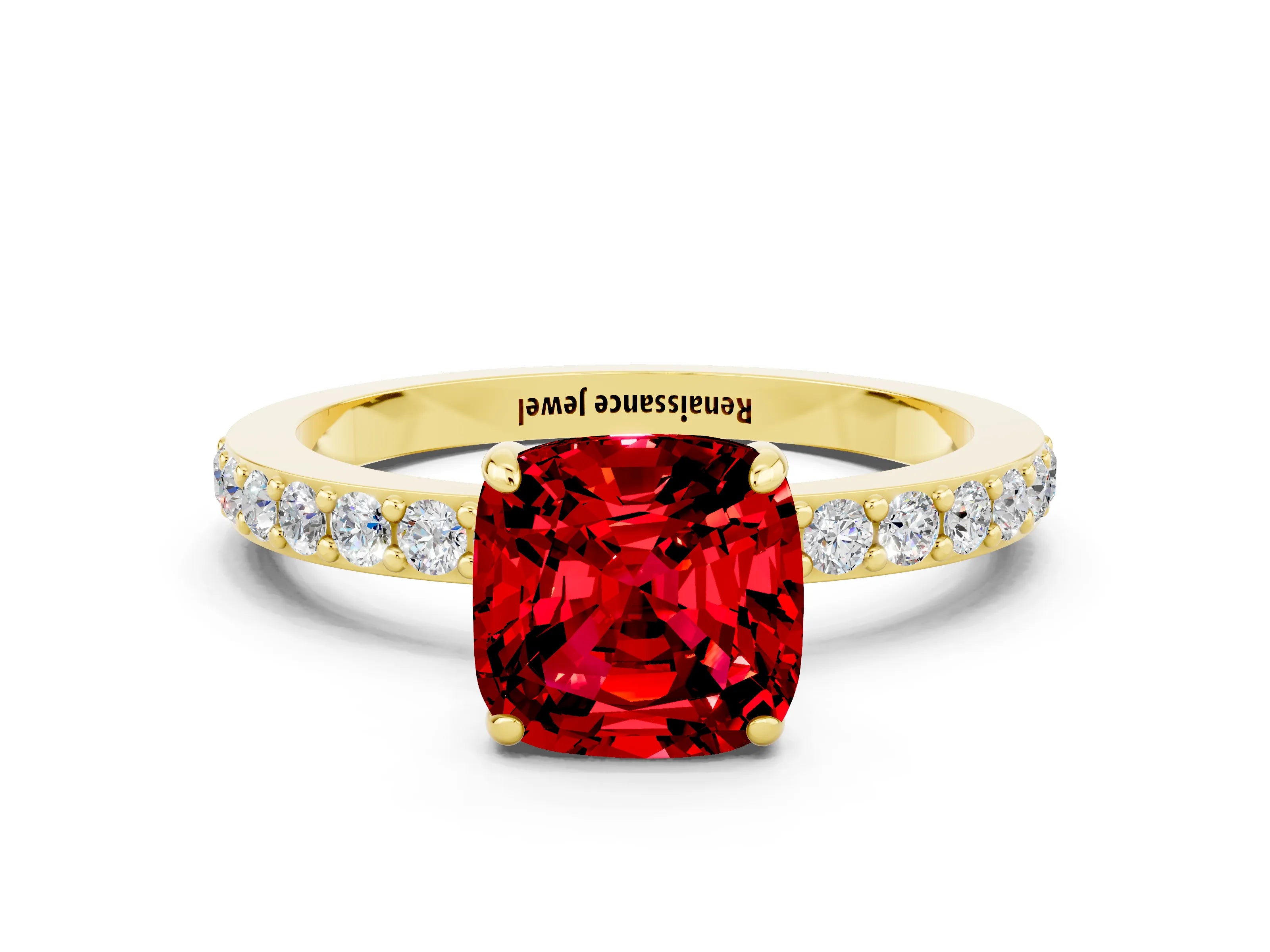 Yellow gold Cushion Cut Ruby Solitaire Engagement Ring with Pavé Band and Four-Prong Setting