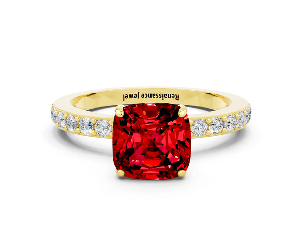 Yellow gold Cushion Cut Ruby Solitaire Engagement Ring with Pavé Band and Four-Prong Setting