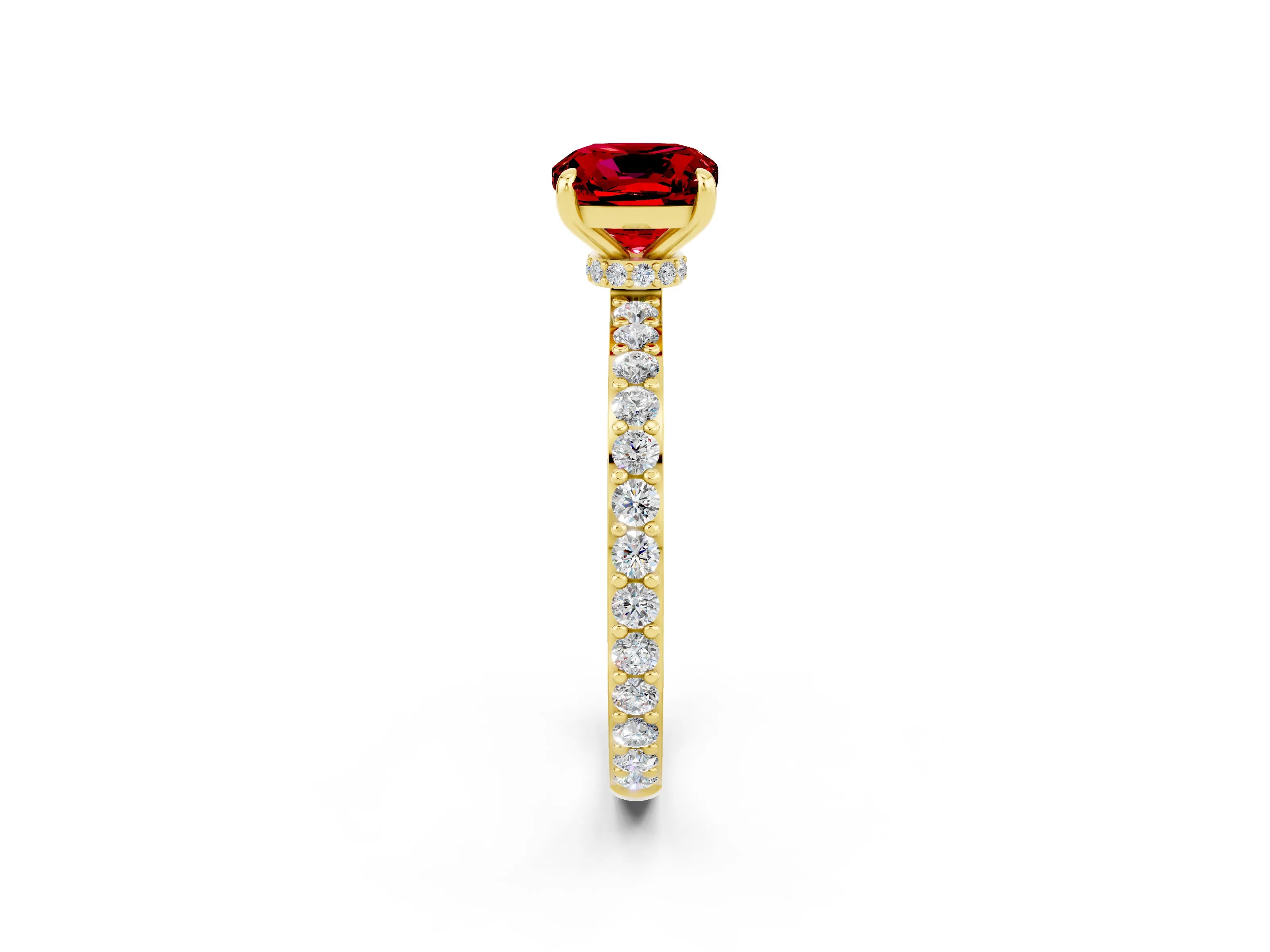 Yellow gold Cushion Cut Ruby Solitaire Engagement Ring with Pavé Band and Four-Prong Setting_2