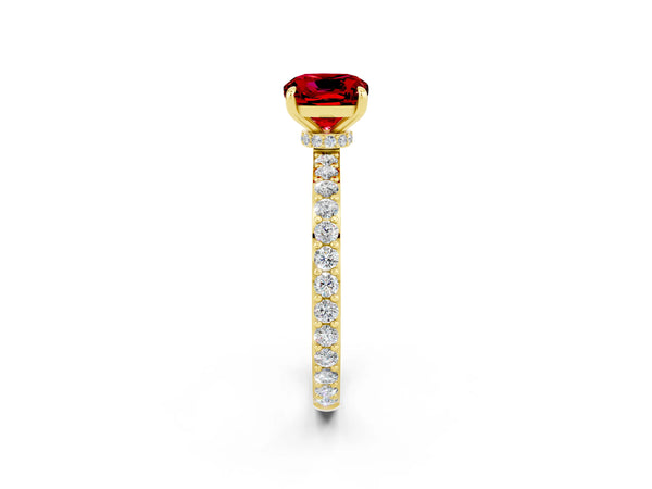 Yellow gold Cushion Cut Ruby Solitaire Engagement Ring with Pavé Band and Four-Prong Setting