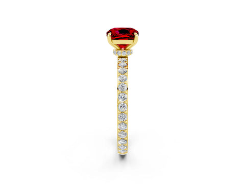 Yellow gold Cushion Cut Ruby Solitaire Engagement Ring with Pavé Band and Four-Prong Setting_2