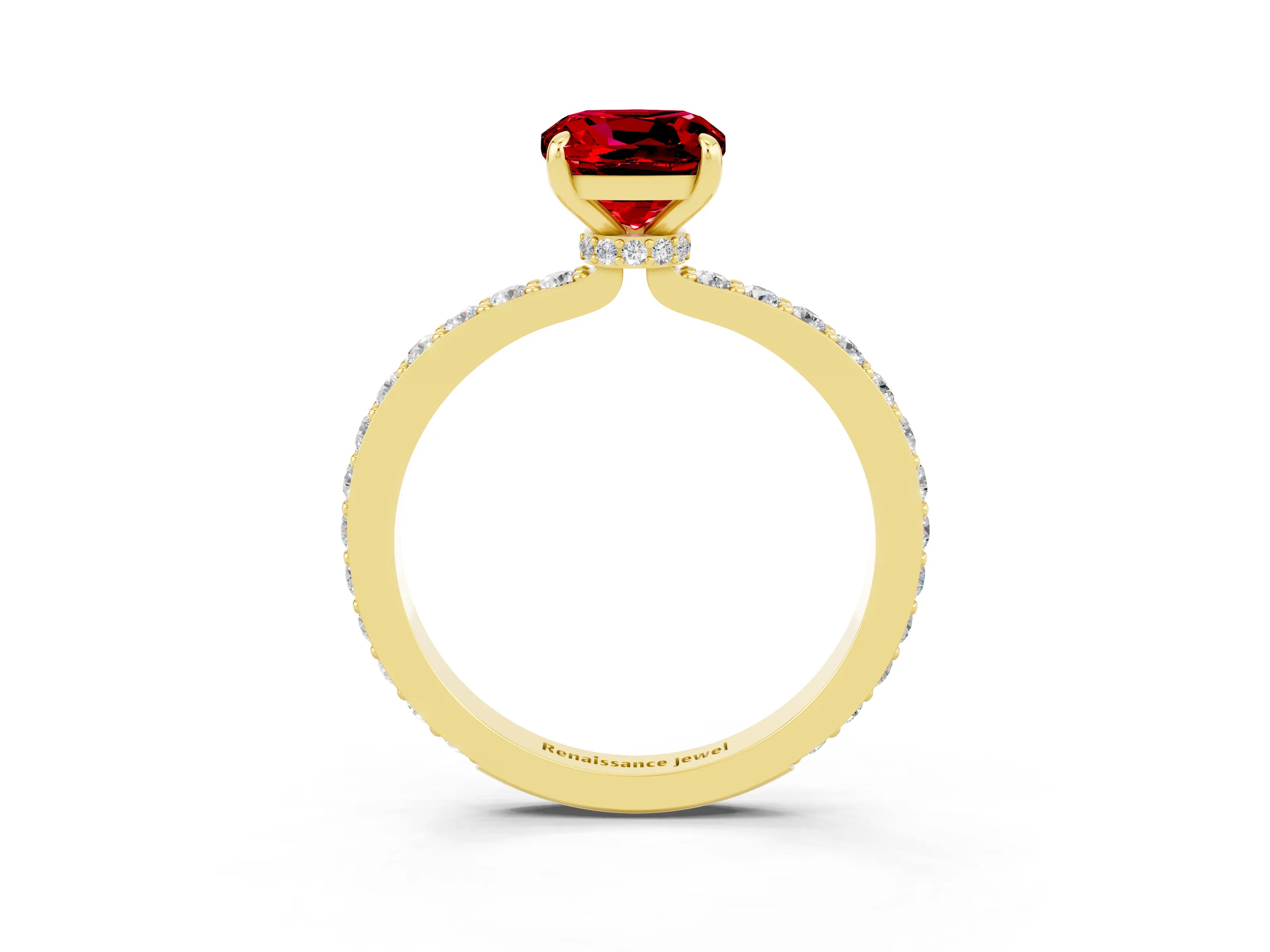 Yellow gold Cushion Cut Ruby Solitaire Engagement Ring with Pavé Band and Four-Prong Setting_3