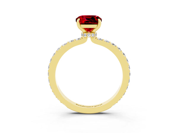 Yellow gold Cushion Cut Ruby Solitaire Engagement Ring with Pavé Band and Four-Prong Setting