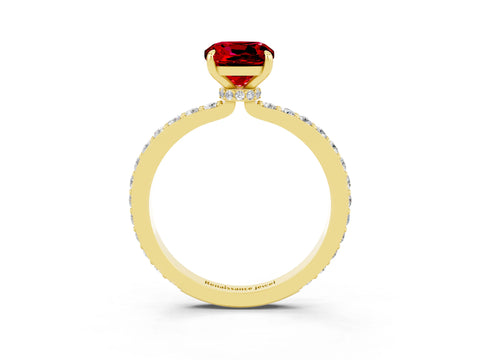 Yellow gold Cushion Cut Ruby Solitaire Engagement Ring with Pavé Band and Four-Prong Setting_3
