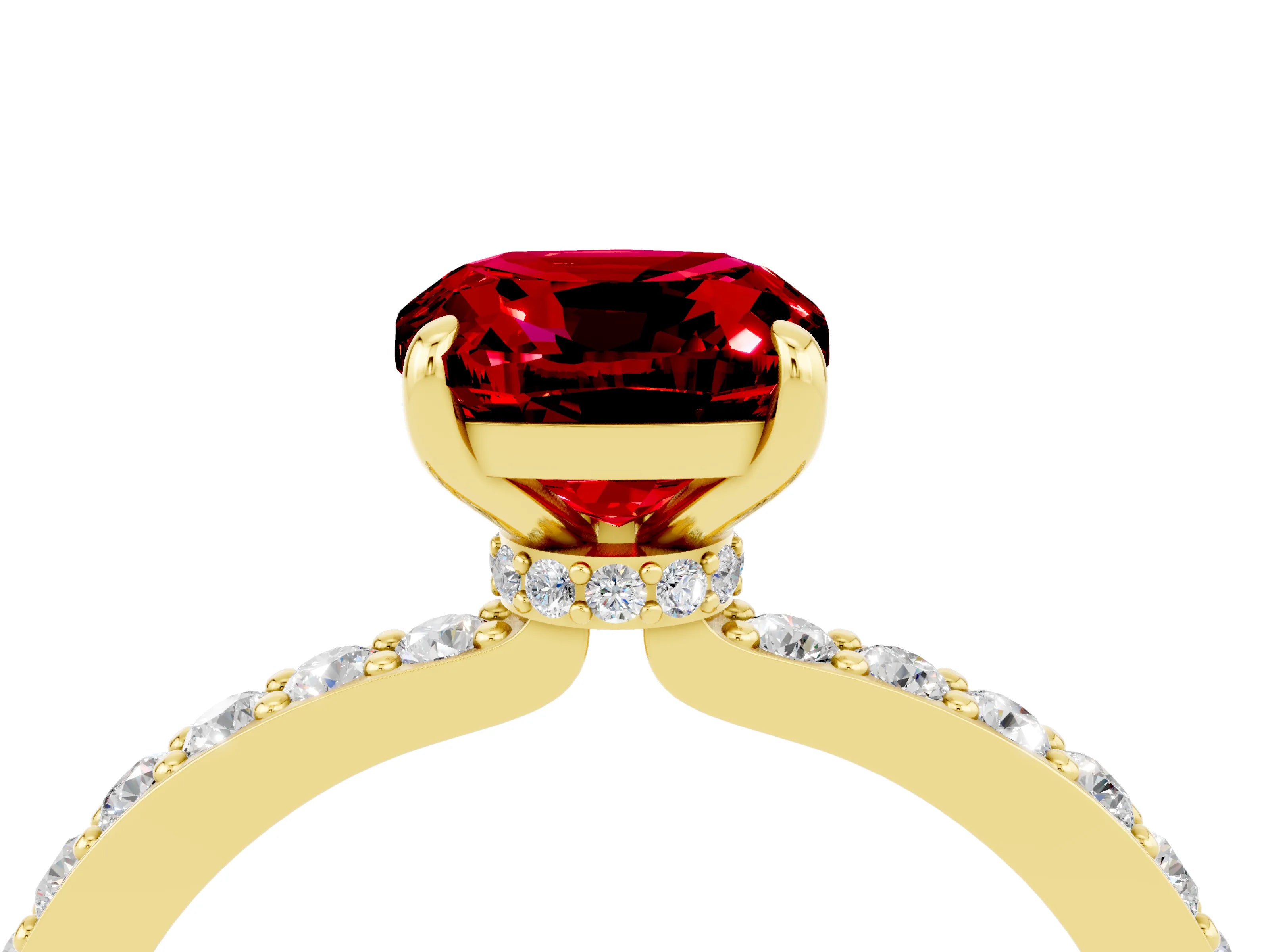 Yellow gold Cushion Cut Ruby Solitaire Engagement Ring with Pavé Band and Four-Prong Setting_4