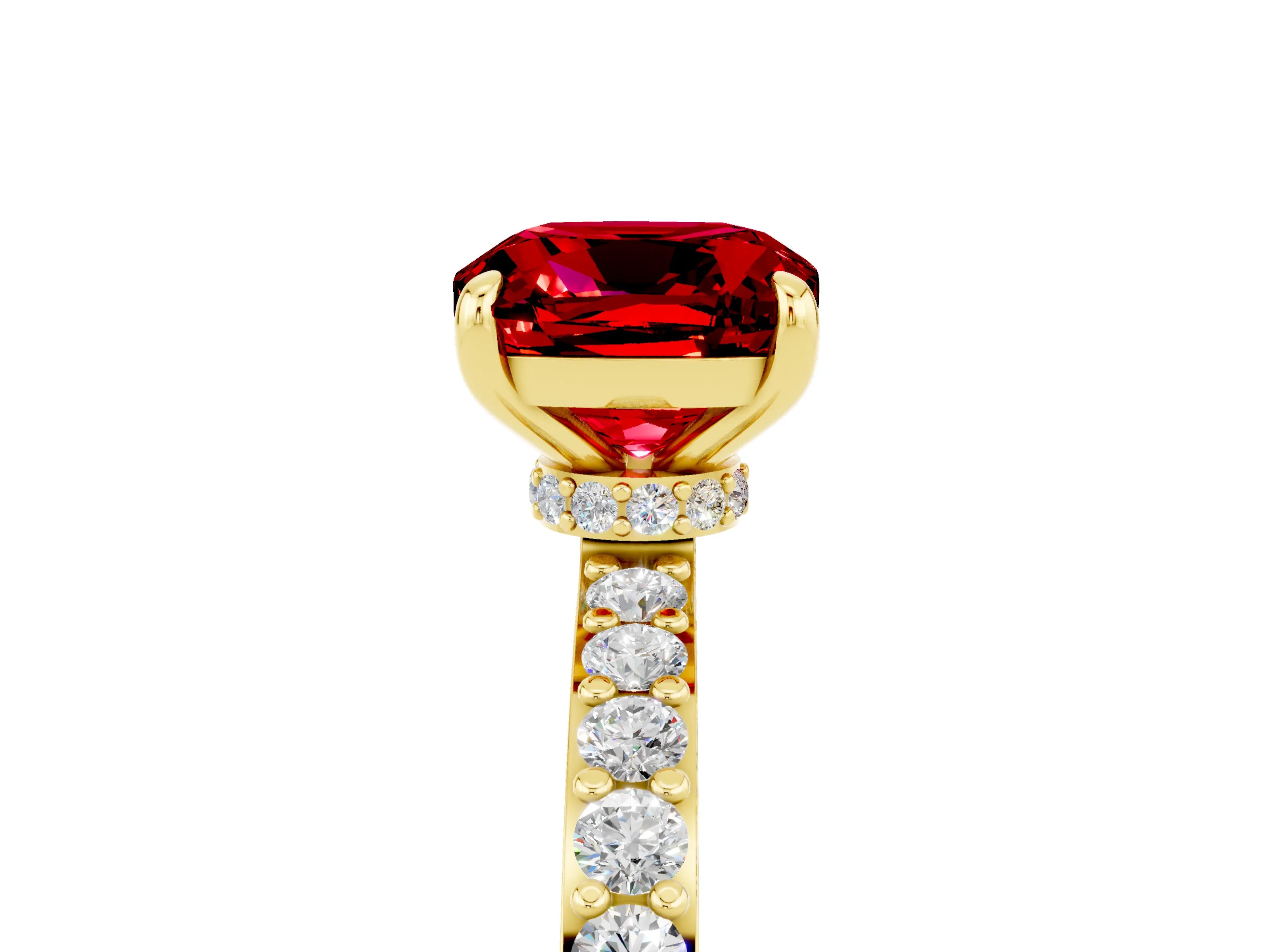 Yellow gold Cushion Cut Ruby Solitaire Engagement Ring with Pavé Band and Four-Prong Setting_5