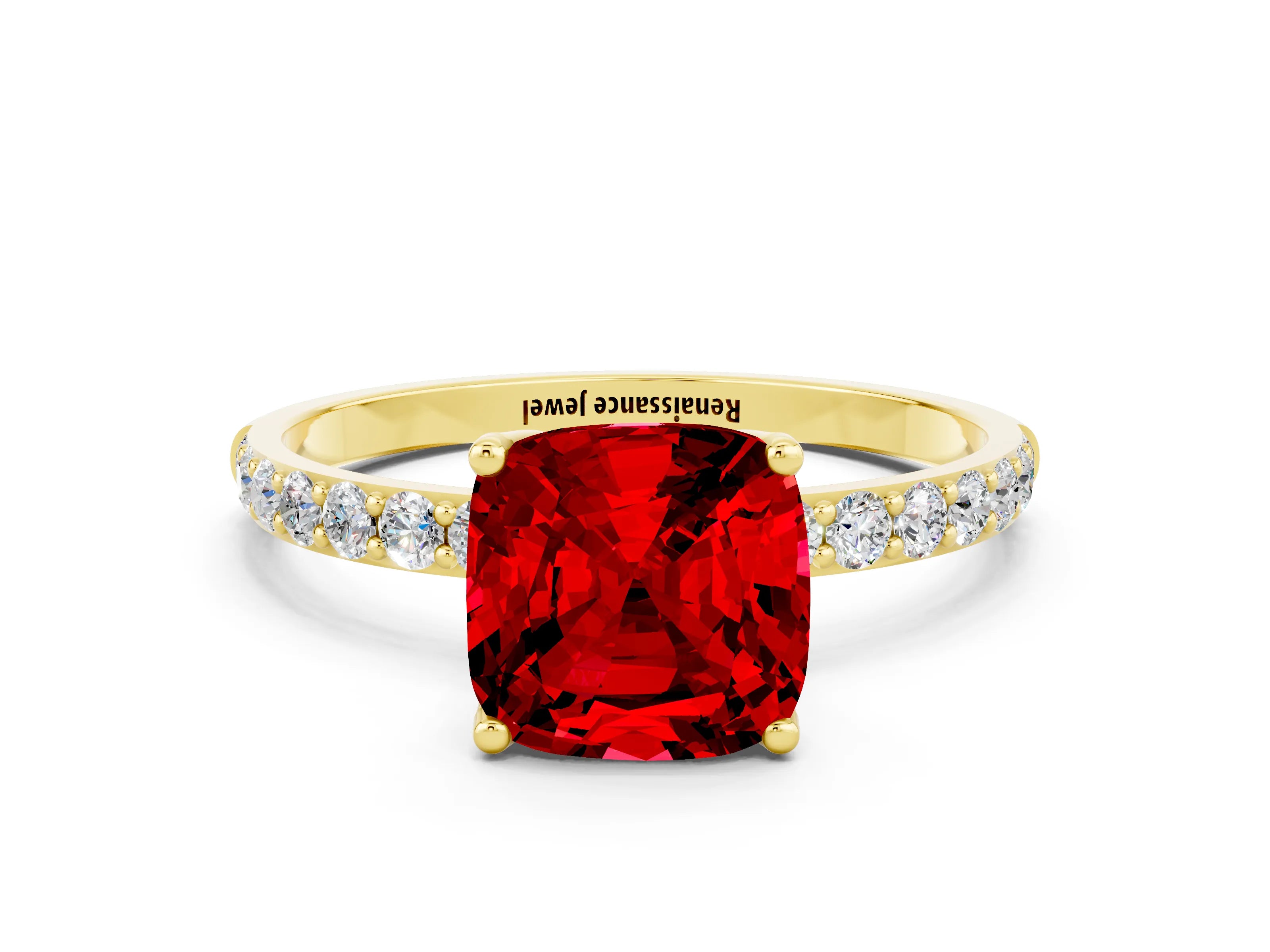 Yellow gold Cushion Cut Ruby Solitaire Engagement Ring with Pavé Band and Prong Setting