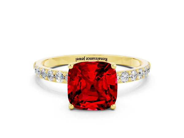 Yellow gold Cushion Cut Ruby Solitaire Engagement Ring with Round  Pavé Band and Prong Setting
