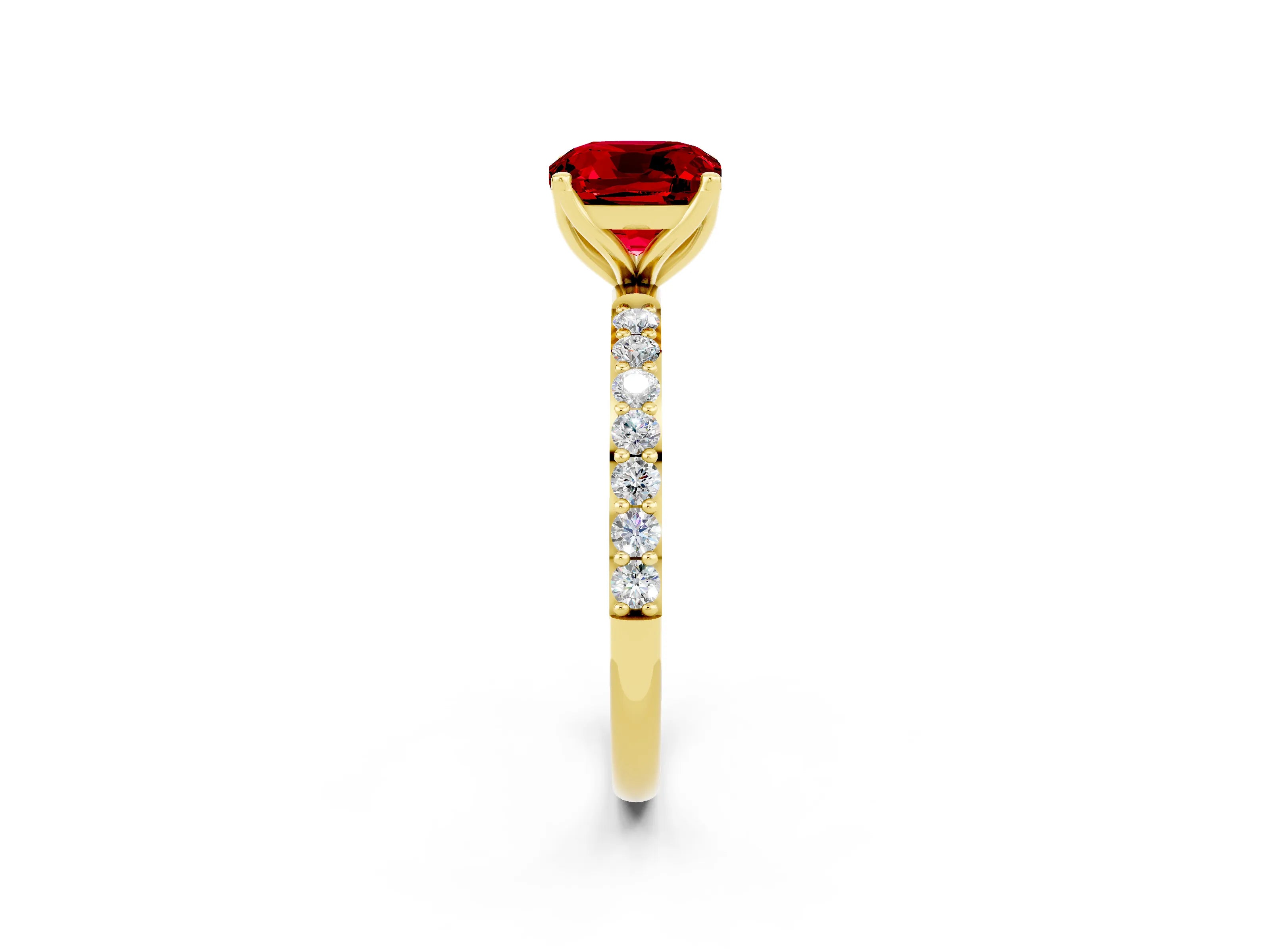 Yellow gold Cushion Cut Ruby Solitaire Engagement Ring with Pavé Band and Prong Setting_2